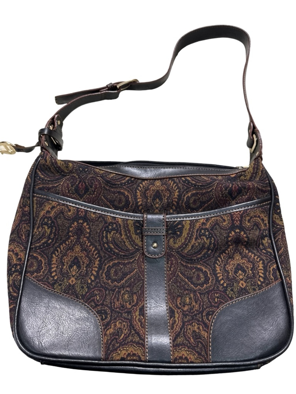 Etienne Aigner Brown Paisley Shoulder Bag with Dark Leather Trim